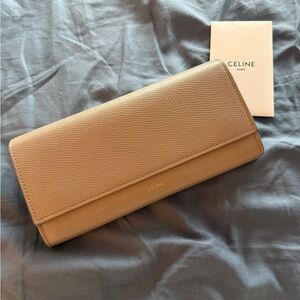 Celine Taupe Pebble Leather Large Flap Wallet